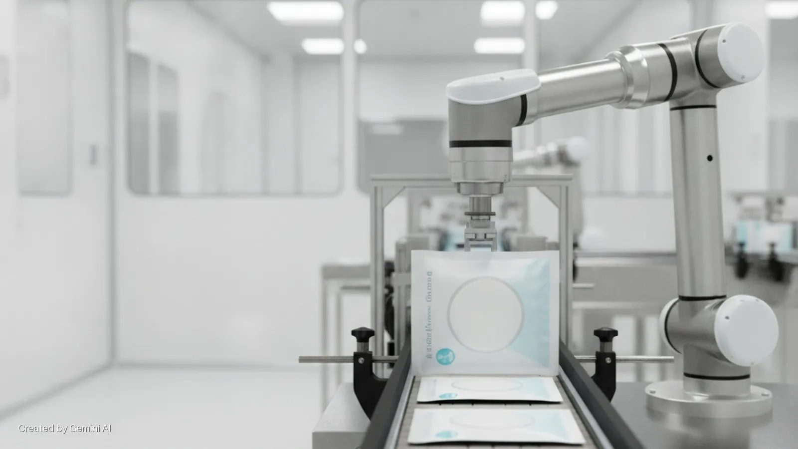 A silver robotic arm positions a white packaged pouch with a blue detail on a conveyor belt in a bright, sterile cleanroom facility.