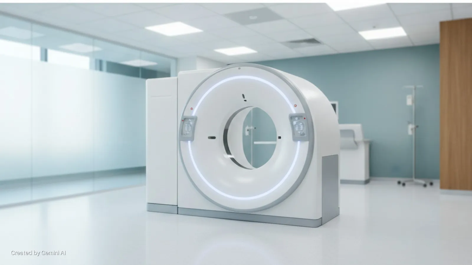 A modern white CT scanner with a glowing ring stands on a clean floor in a brightly lit medical imaging room with a frosted glass wall, a blue painted wall, and an IV stand in the background.