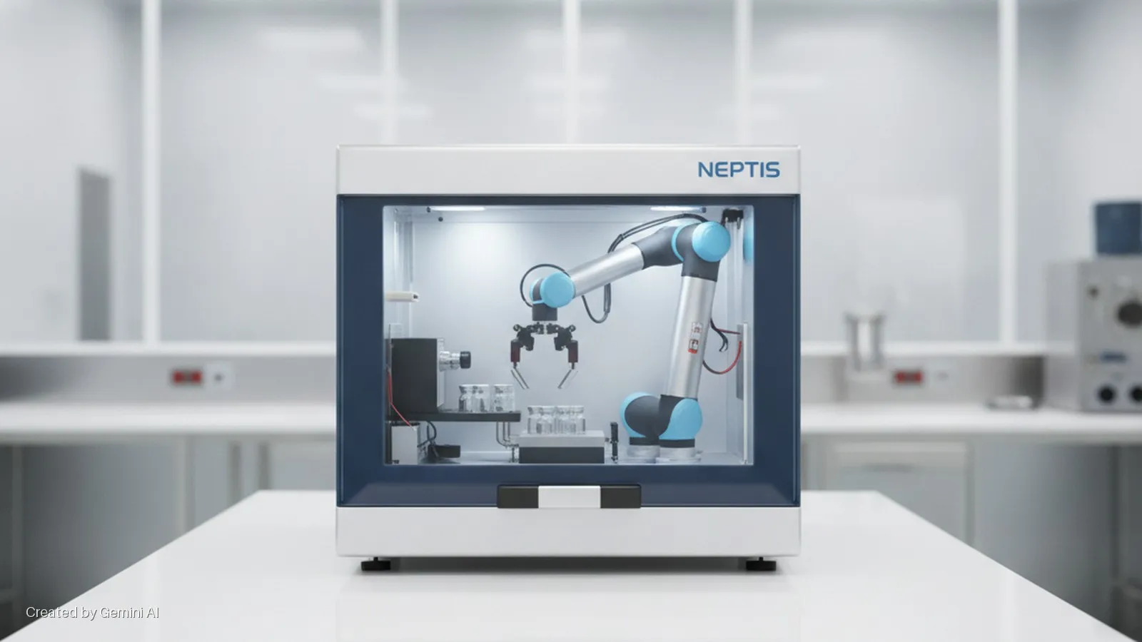 A brightly lit NEPTIS automated laboratory system featuring a silver and blue robotic arm and glass vials inside a clear protective enclosure, placed on a white laboratory countertop.
