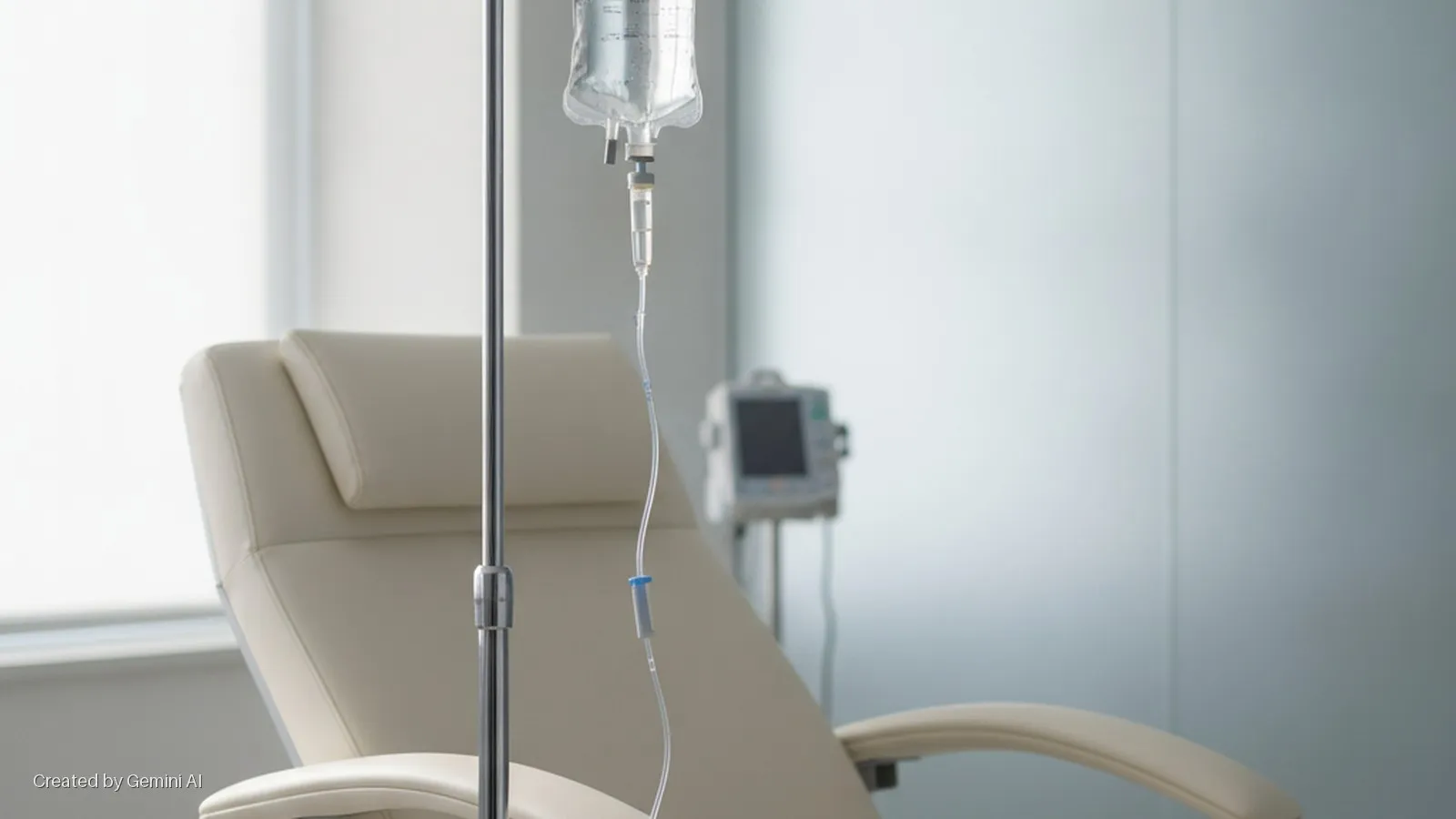 An IV bag hangs from a metal pole next to a tan reclining medical chair in a brightly lit room with a blurred infusion pump in the background.