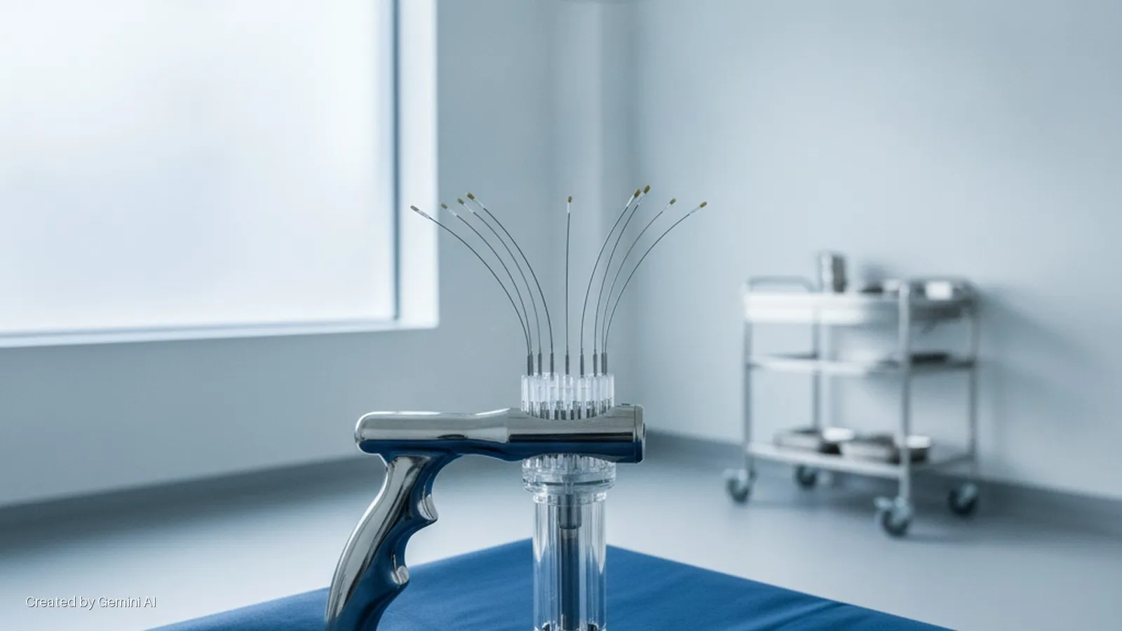 A chrome and clear plastic medical device with a pistol grip handle and multiple flexible probes on a clear base sits on a blue surface in a bright, sterile room with a large window and a metal utility cart.