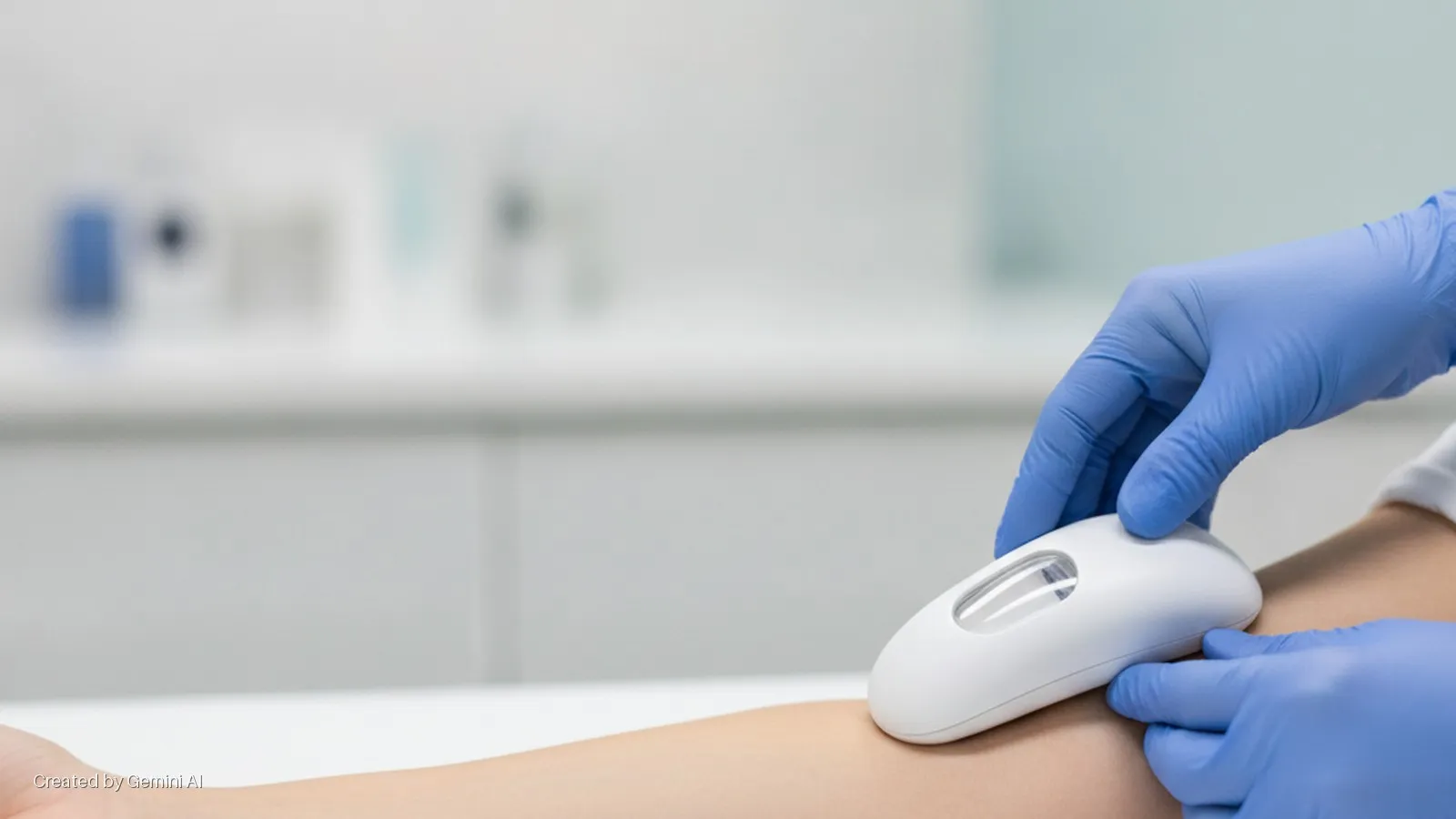 A gloved hand holds a white medical device against a person's arm in a brightly lit clinical setting.