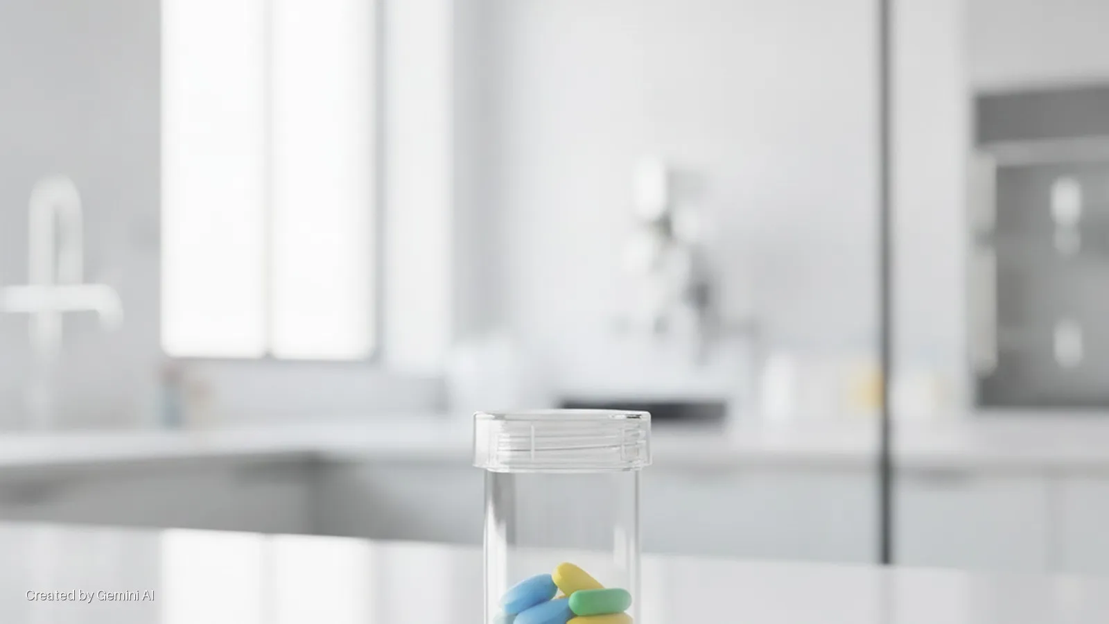 A clear plastic bottle filled with blue, yellow, and green pills sits on a white counter in a brightly lit modern kitchen.