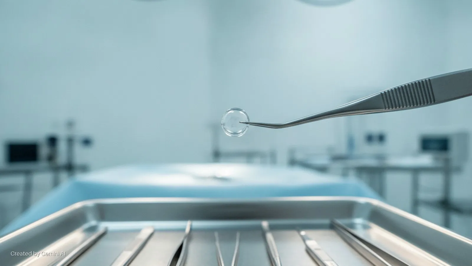 Fine surgical tweezers hold a transparent circular lens above a sterile metal instrument tray in a brightly lit operating room.