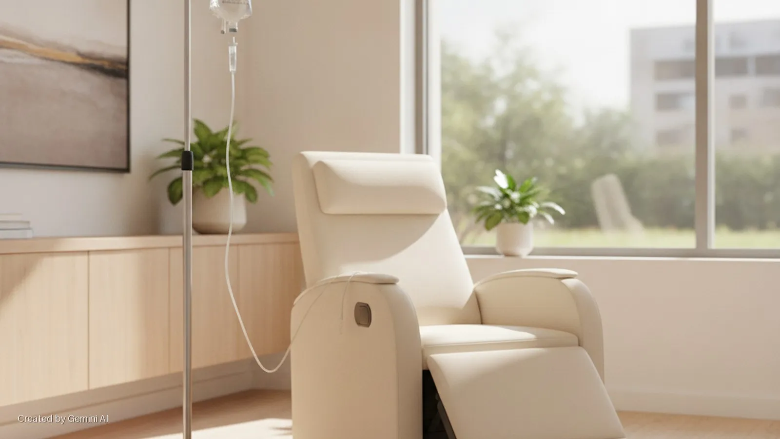 A bright room features a cream recliner next to an IV stand, wooden cabinets, potted plants, and an abstract painting, with natural light from a large window revealing greenery and a building outside.