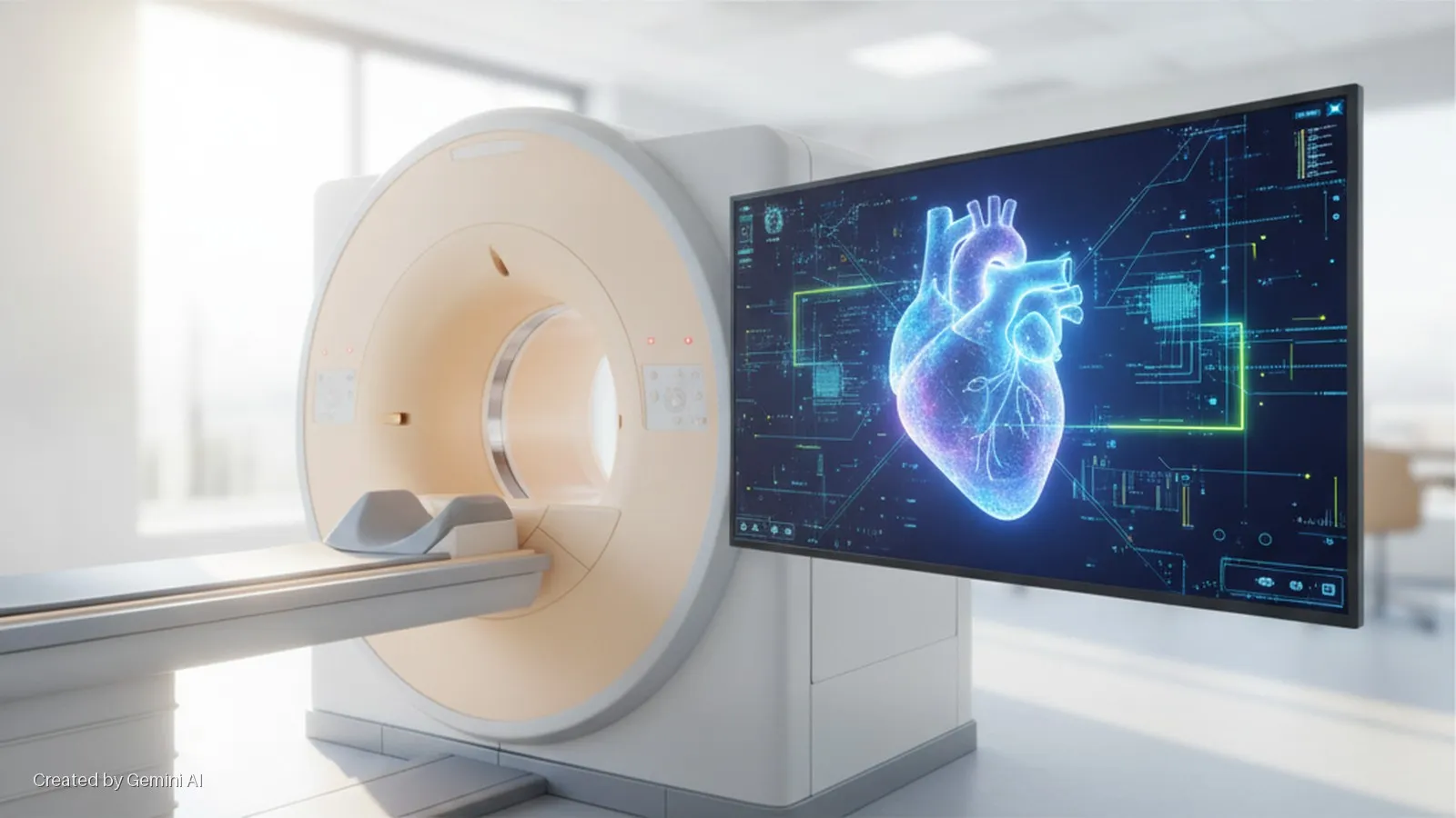 A brightly lit medical imaging room with a beige and white MRI scanner and an adjacent monitor displaying a glowing blue digital heart overlaid with circuit patterns.