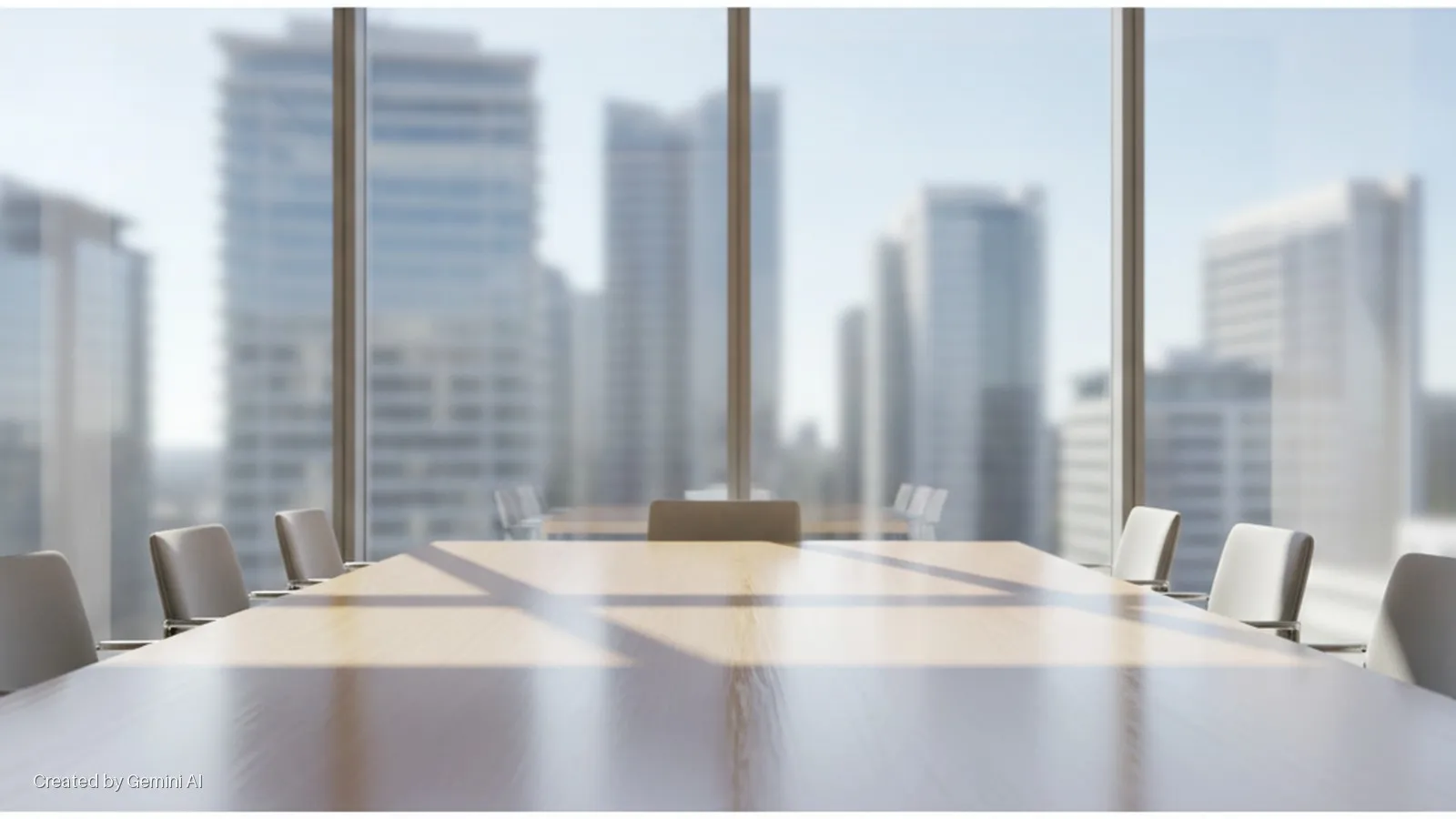 A modern conference room features a long, light wood table and grey chairs, brightly lit by natural light from large windows overlooking a blurred city skyline, with reflections and shadows on the table.