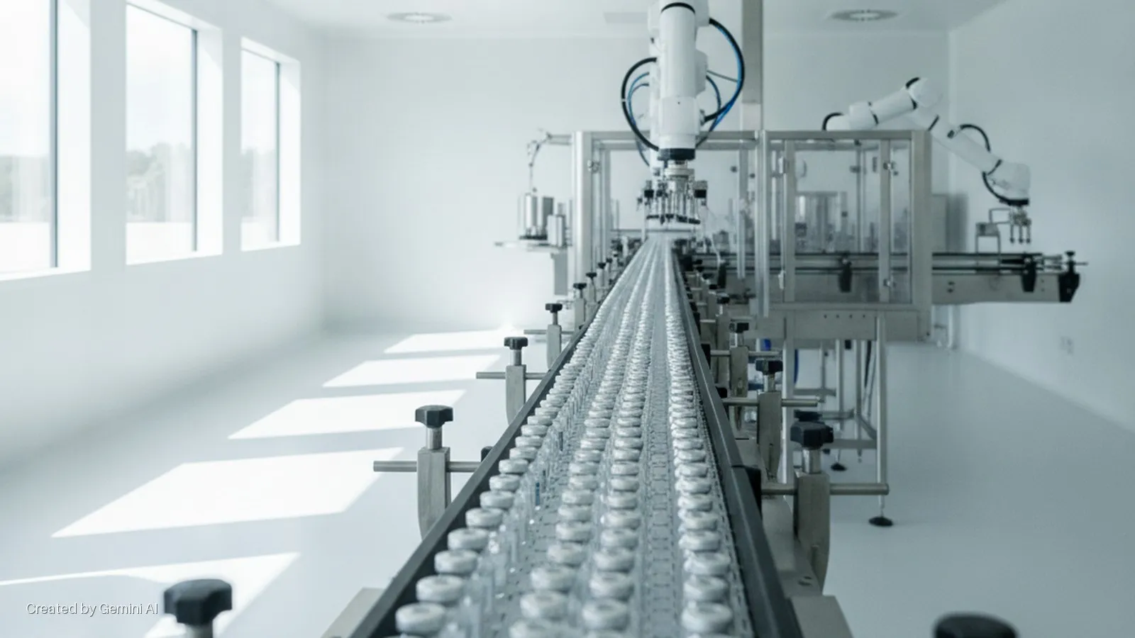 Rows of medical vials move along a conveyor belt in a bright, modern cleanroom with robotic arms and natural light from large windows.