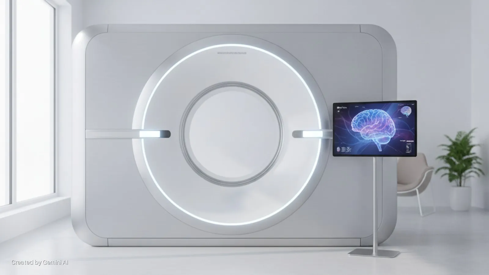 A modern white medical scanner with glowing circular and linear lights sits in a bright room, alongside a standing display showing a colorful brain scan, a large window, a chair, and a potted plant.