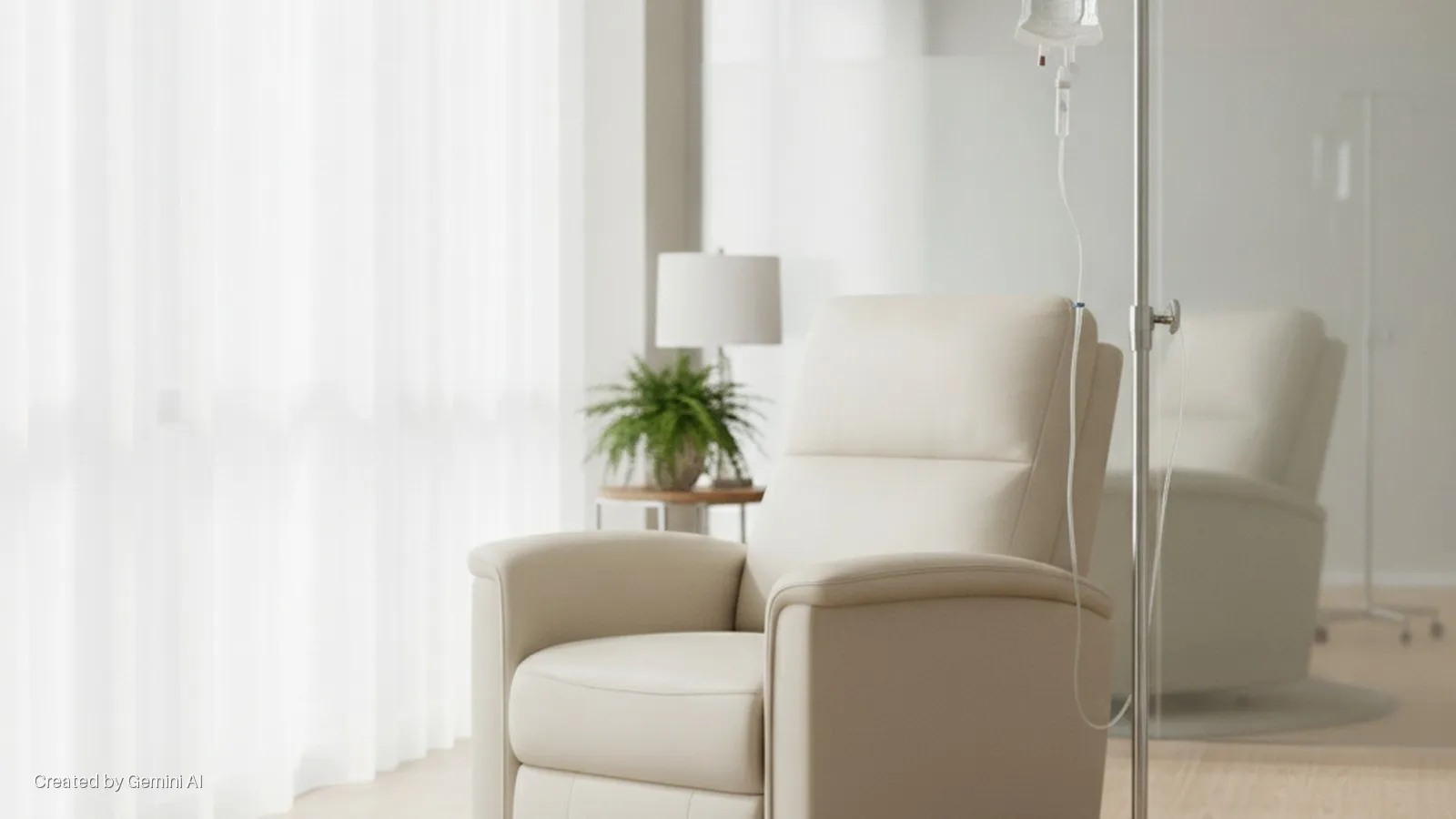 A brightly lit room features a beige recliner chair, an IV pole, a side table with a potted fern and lamp, and a second blurred chair and IV pole, all bathed in soft natural light coming through sheer white curtains.
