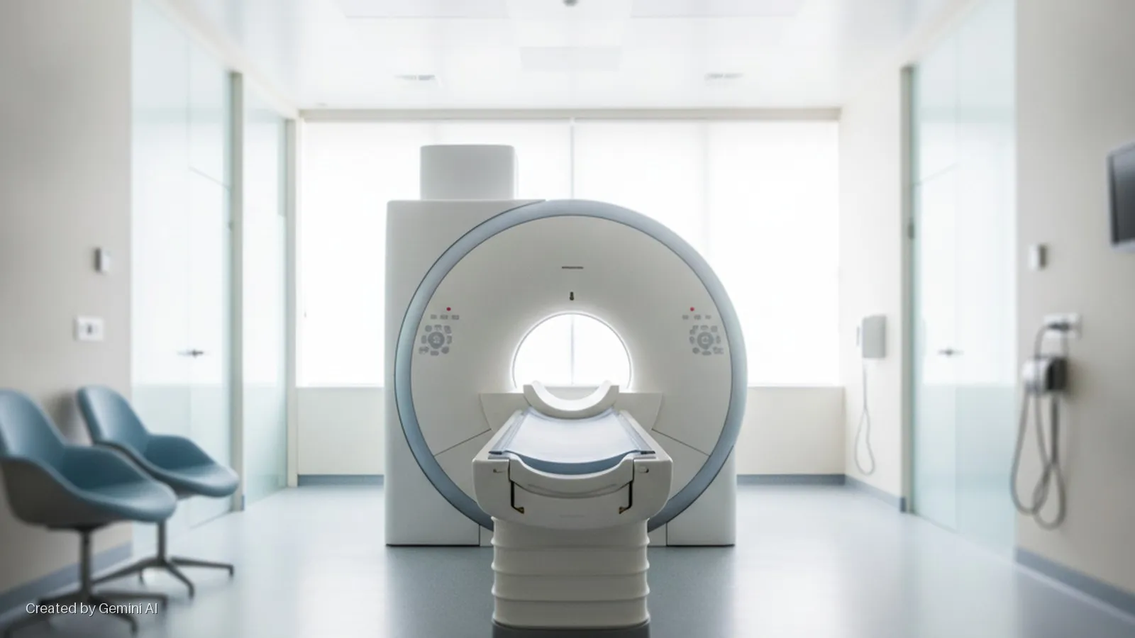 A brightly lit medical imaging room features a large white MRI scanner with a patient table at its center, two light blue chairs on the left, and large windows with blinds in the background.