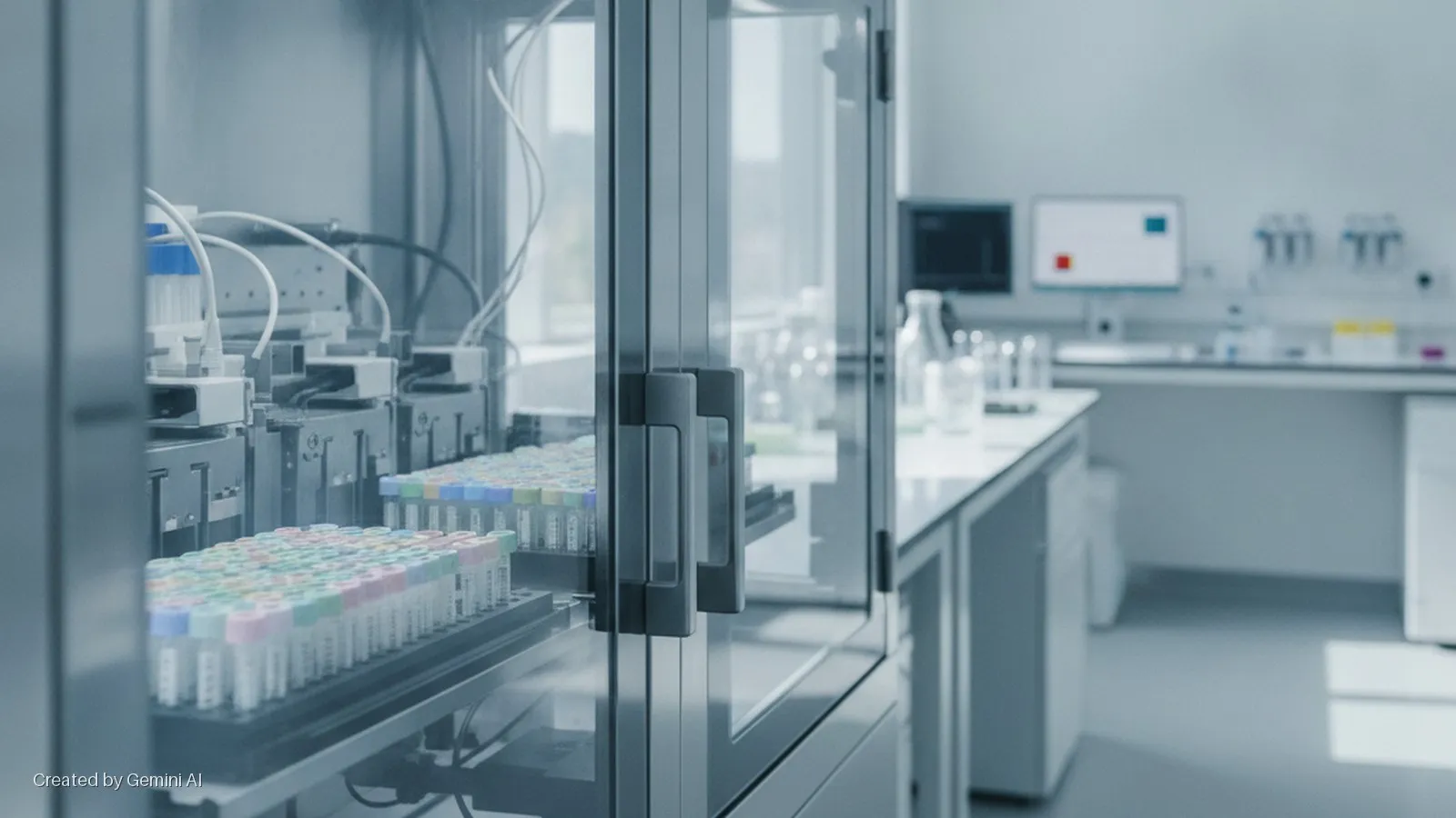 A robotic laboratory system processes numerous racks of colorful-capped test tubes inside a glass enclosure, with blurred lab benches, computer monitors, and glassware visible in the brightly lit, sterile background.