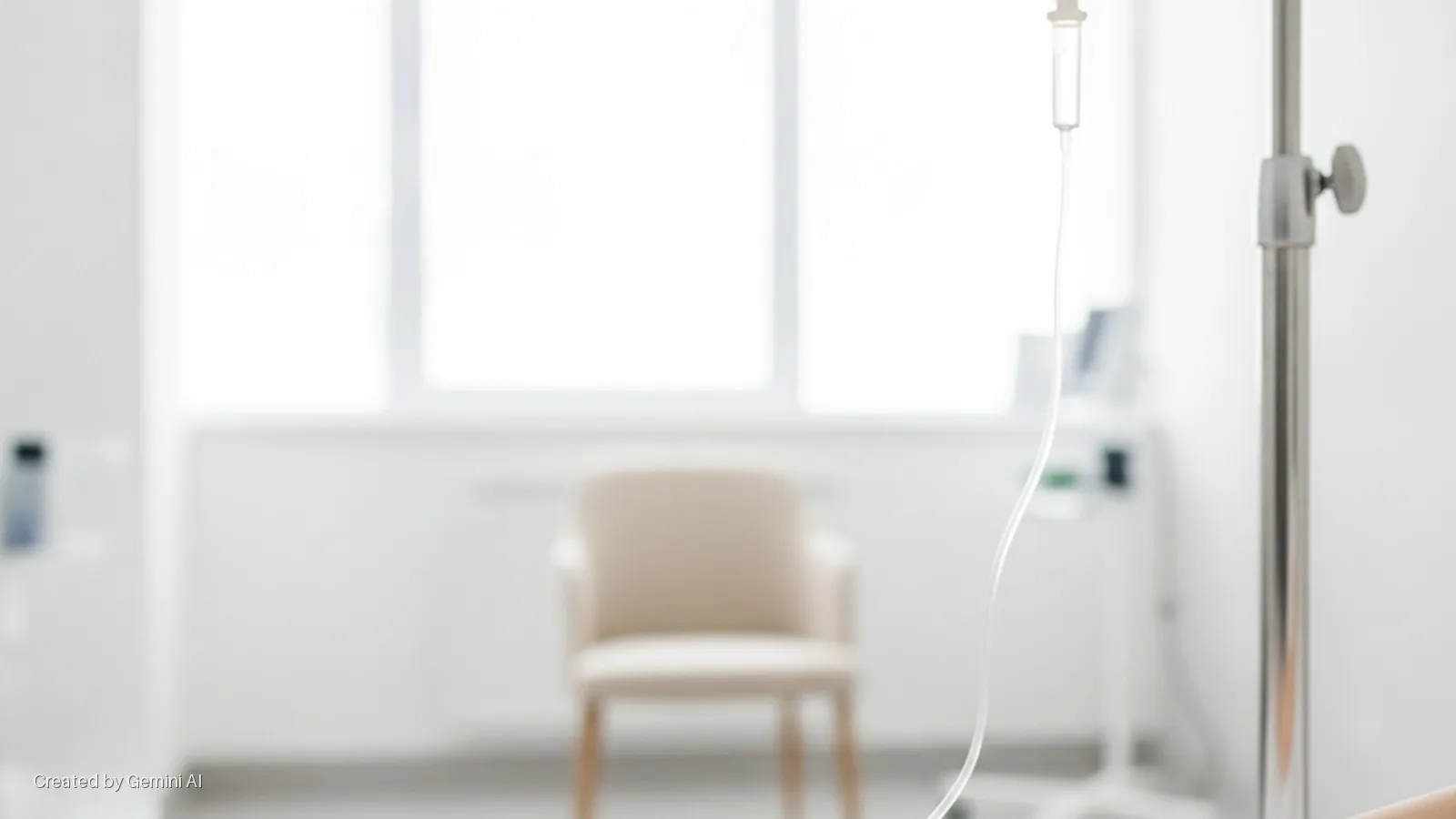 A bright, clean medical room features a clear IV drip and metallic pole in the foreground, with a light-colored chair visible in the soft-focus background near a large window.