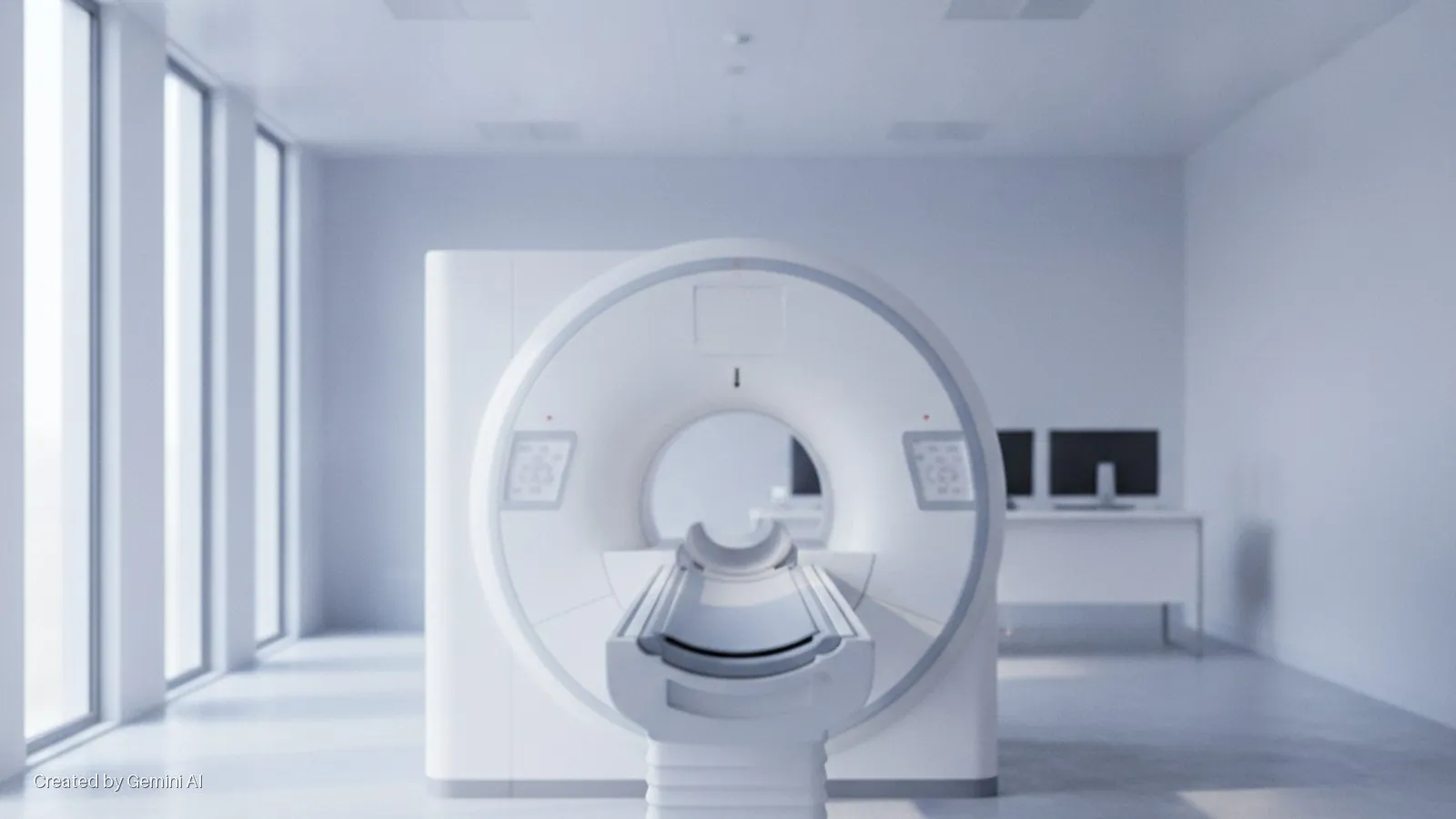 A brightly lit, modern medical imaging room features a white CT or MRI scanner with its patient table, large windows on the left providing natural light, and a desk with dual monitors on the right.