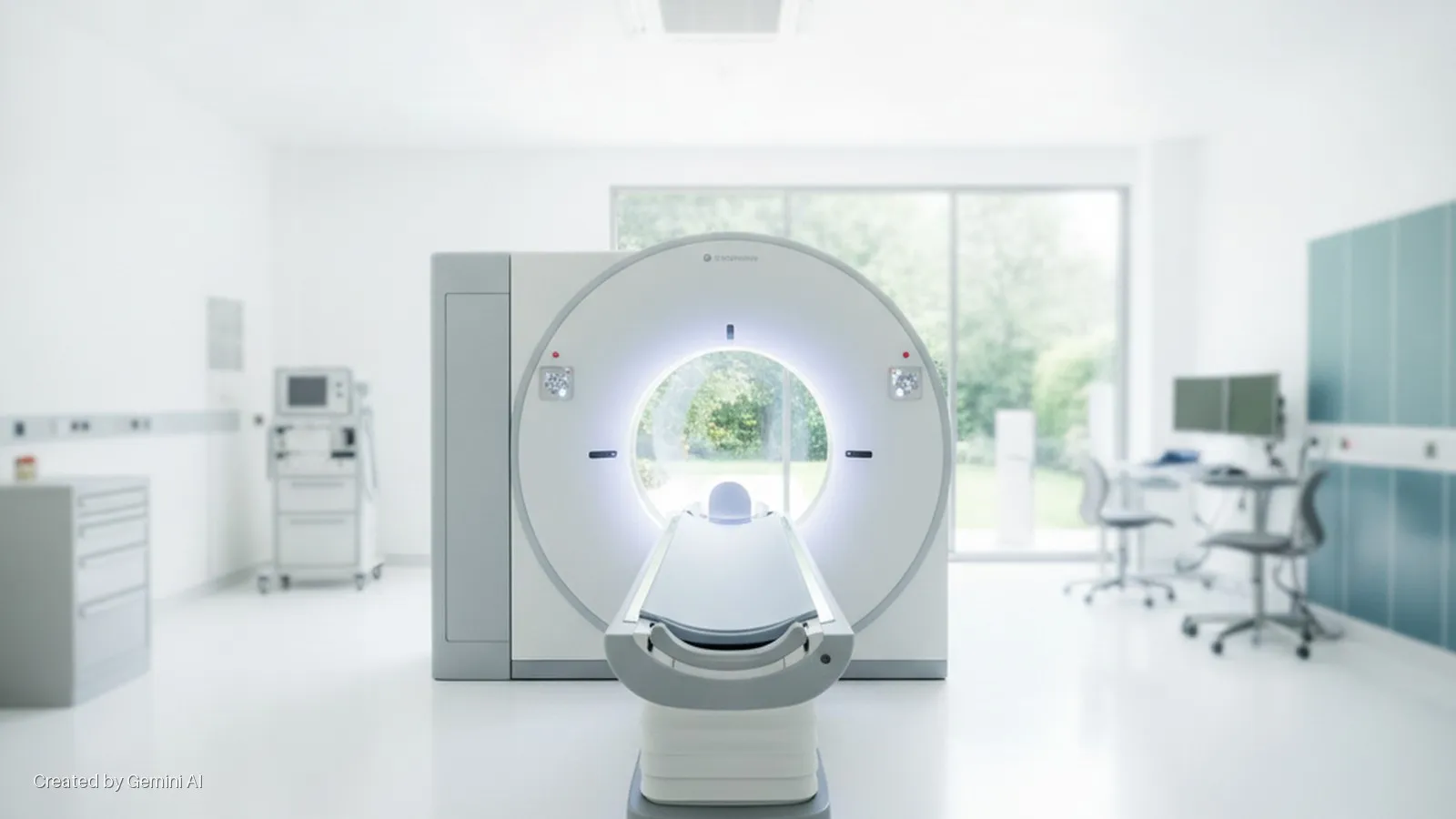 A bright medical imaging room features a central CT scanner with an illuminated gantry and patient table, flanked by medical equipment and a workstation, with natural light streaming through large windows.