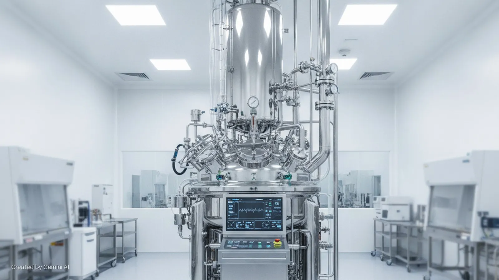 A brightly lit cleanroom laboratory houses a large stainless steel bioreactor with a digital control panel displaying graphs, flanked by laboratory fume hoods and rolling carts.