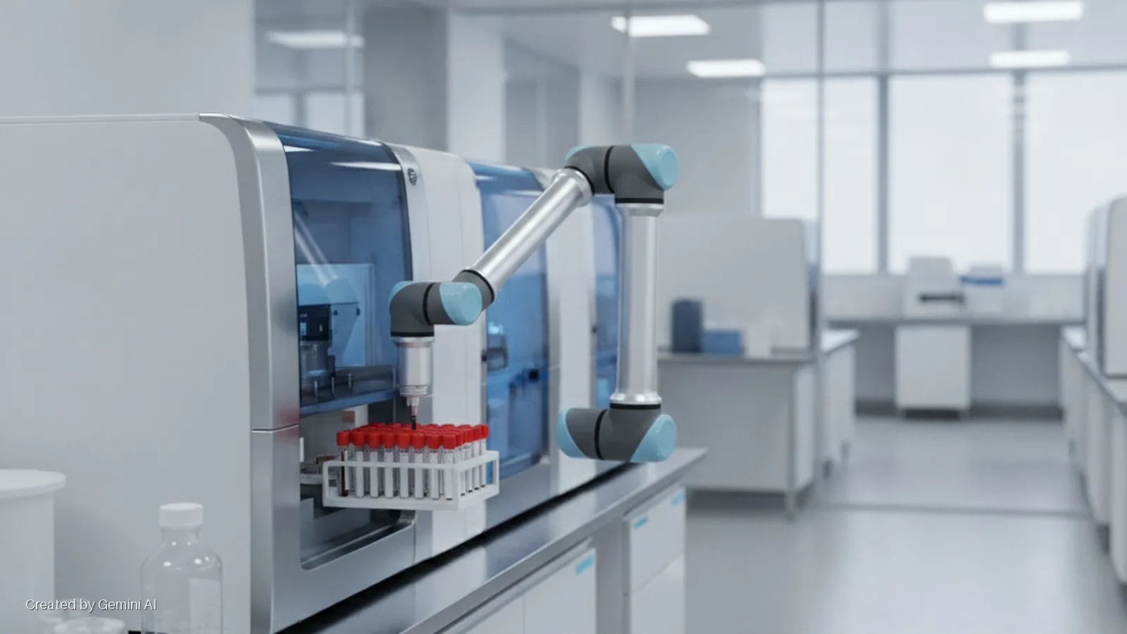 A robotic arm processes test tubes within a lab automation system in a brightly lit, modern laboratory with large windows.
